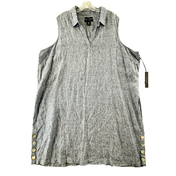 Tahari Linen‎ Shirt Dress Womens 3X Blue Sleeveless Collared V-Neck Pullover - Picture 1 of 10